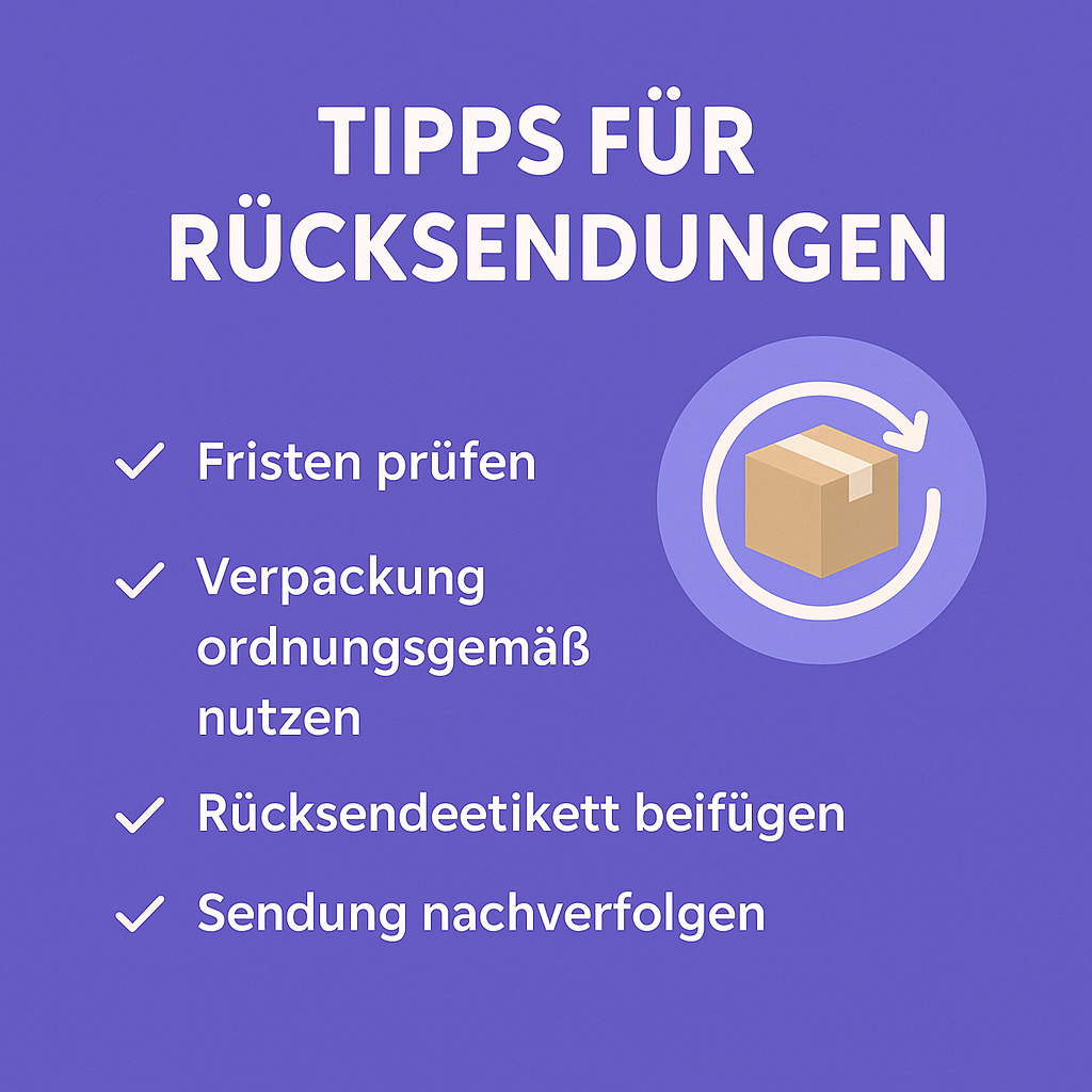 Infografik: Tipps für Rücksendungen – Fristen prüfen, Verpackung ordnungsgemäß nutzen, Rücksendeetikett beifügen und Sendung nachverfolgen. Praktische Hinweise für eine sichere und schnelle Retoure im Online-Handel 2025.